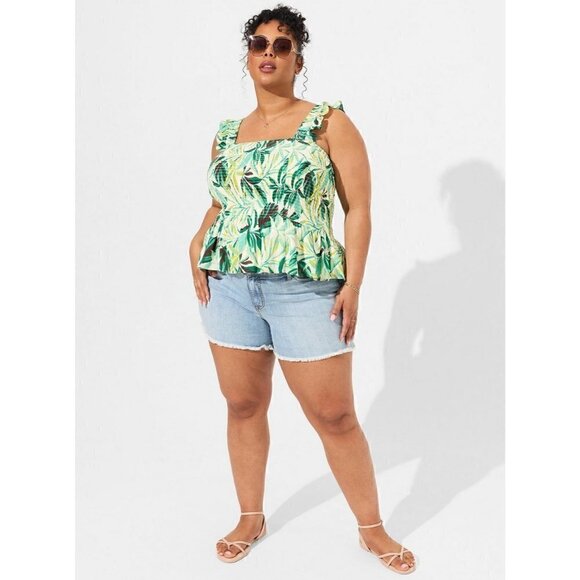 Women's Torrid Plus Size 5, 5X, 28 Green Peplum Crinkle Gauze Smock Top - Picture 2 of 8